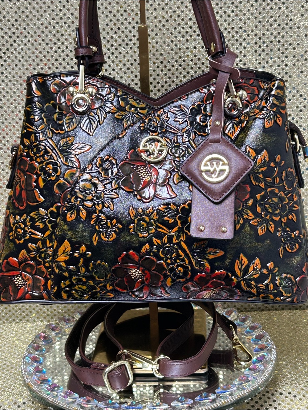 Embossed Floral Tote Bag in Dark Brown and Black Approx. 13 x 8 x 5